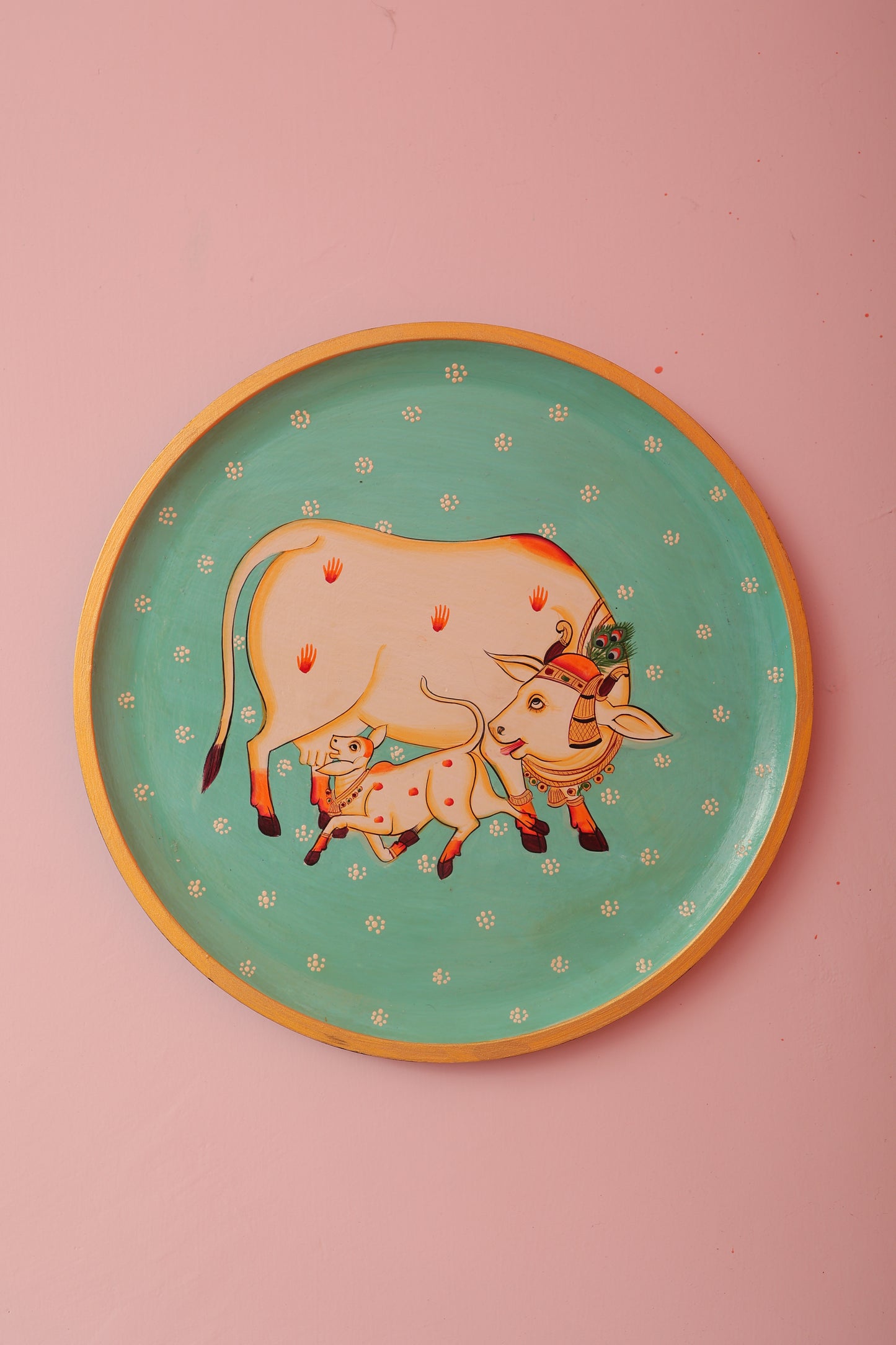 Kamdhenu Cow Hand painted Wall Plate - 12"