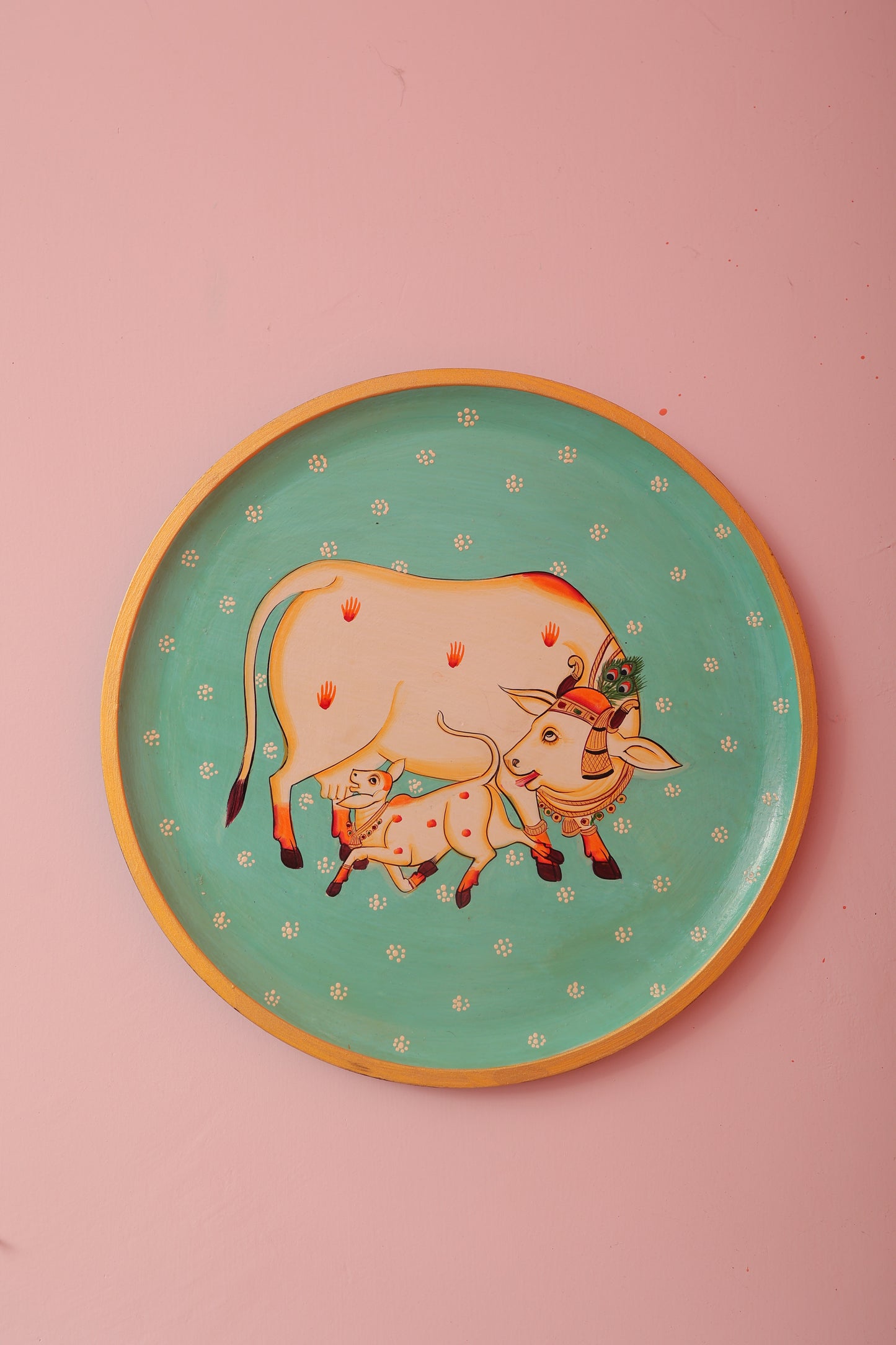 Kamdhenu Cow Hand painted Wall Plate - 12"