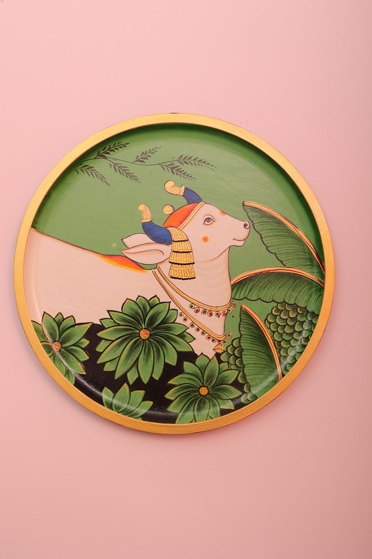 Kamdhenu Cow Hand painted Wall Plate - 12"