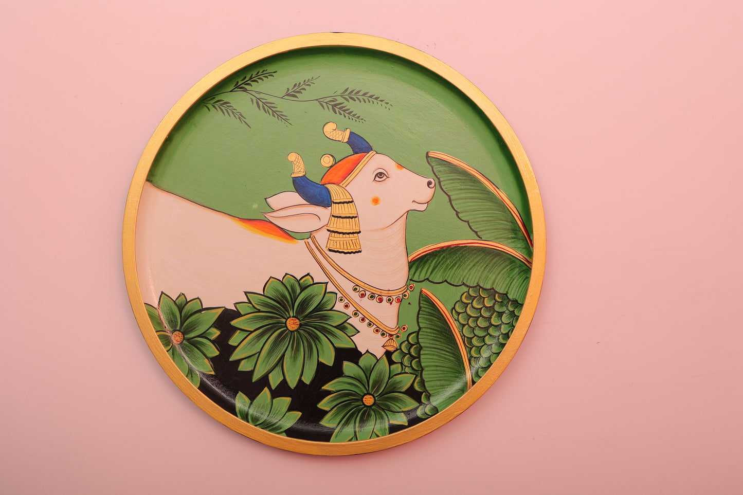Kamdhenu Cow Hand painted Wall Plate - 12"