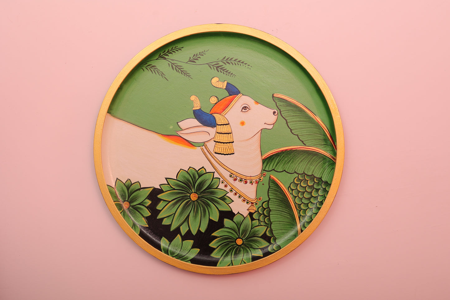 Kamdhenu Cow Hand painted Wall Plate - 12"