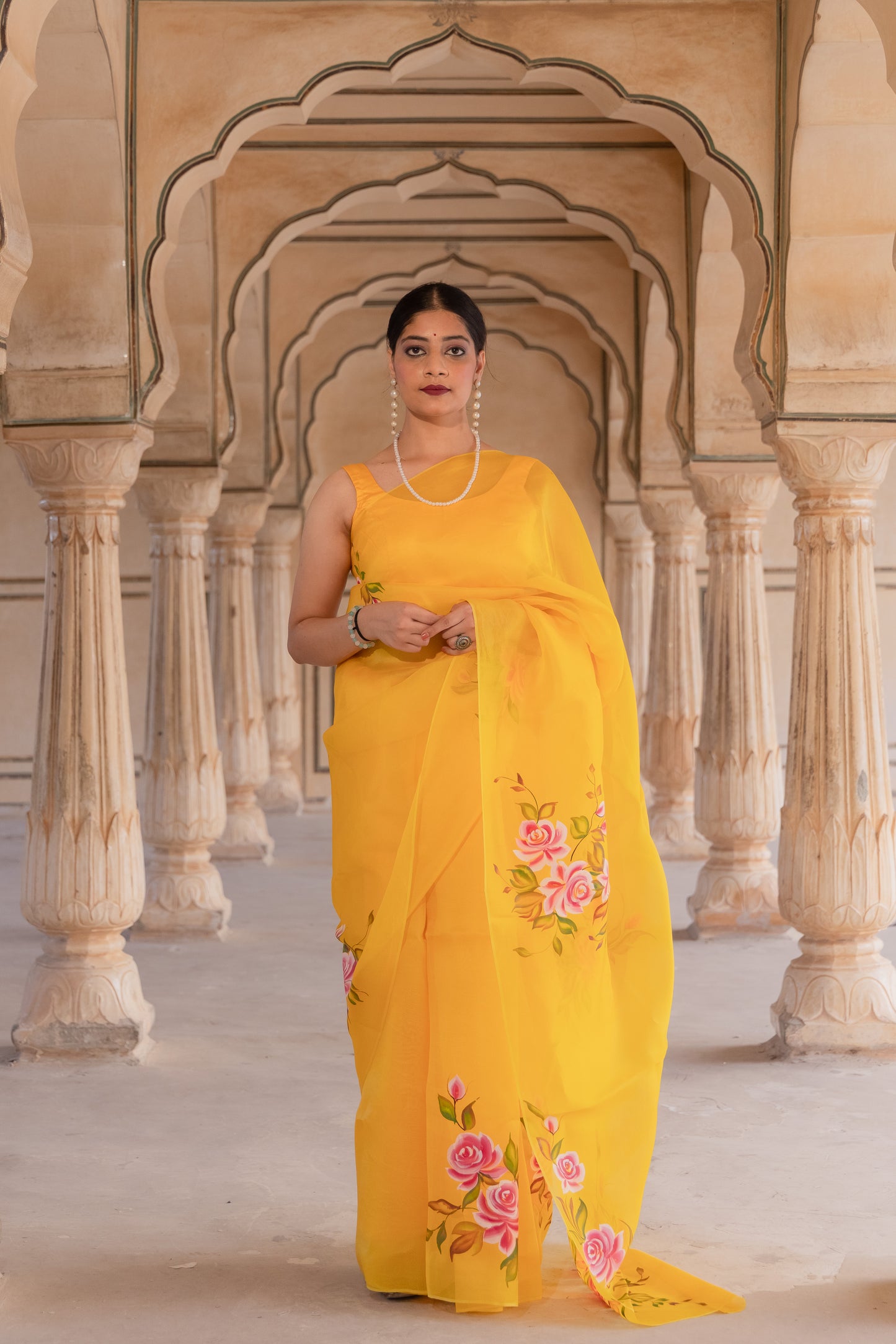 Radiating joy in yellow and roses - Pure Silk Organza Saree