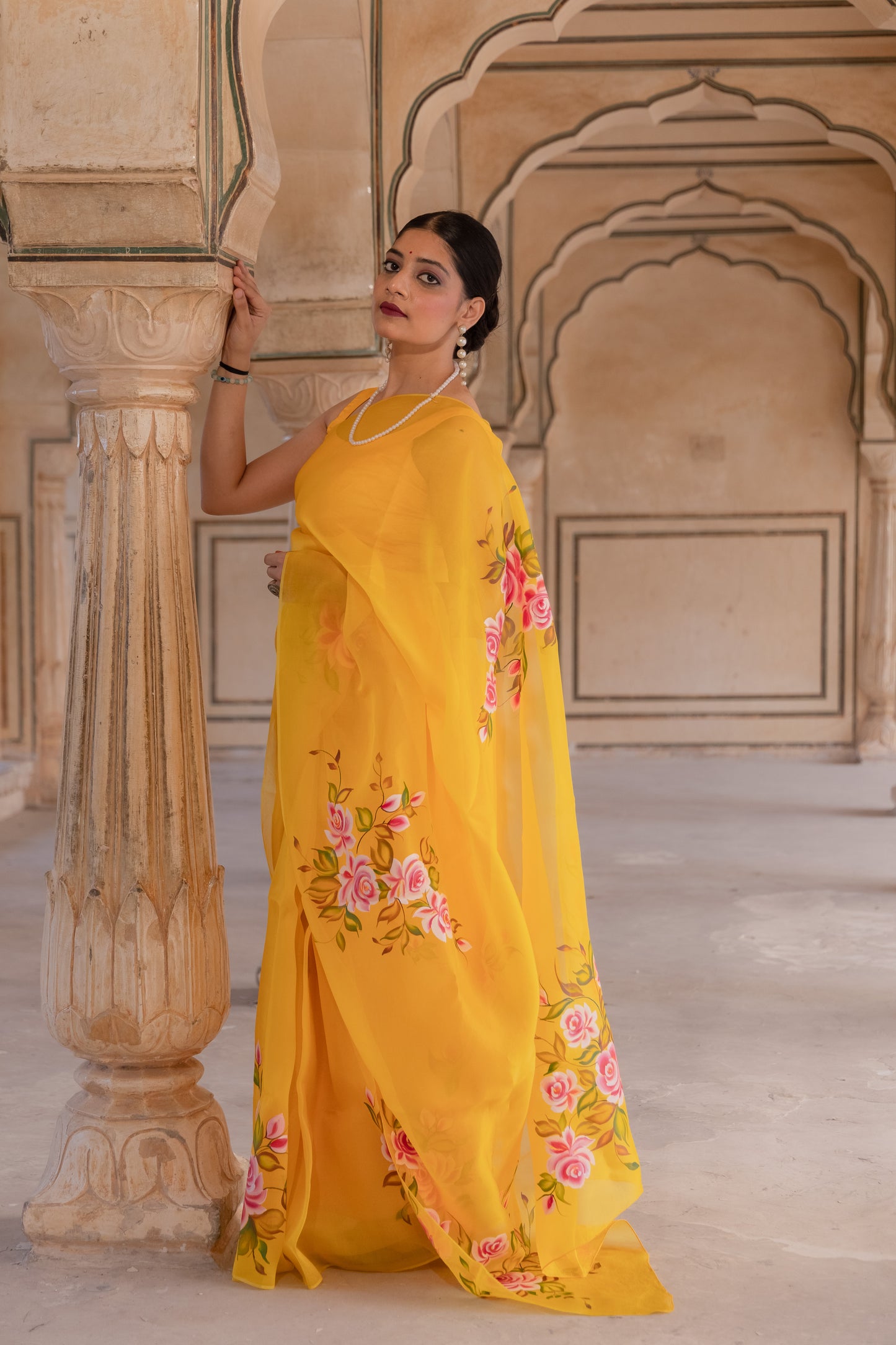 Radiating joy in yellow and roses - Pure Silk Organza Saree
