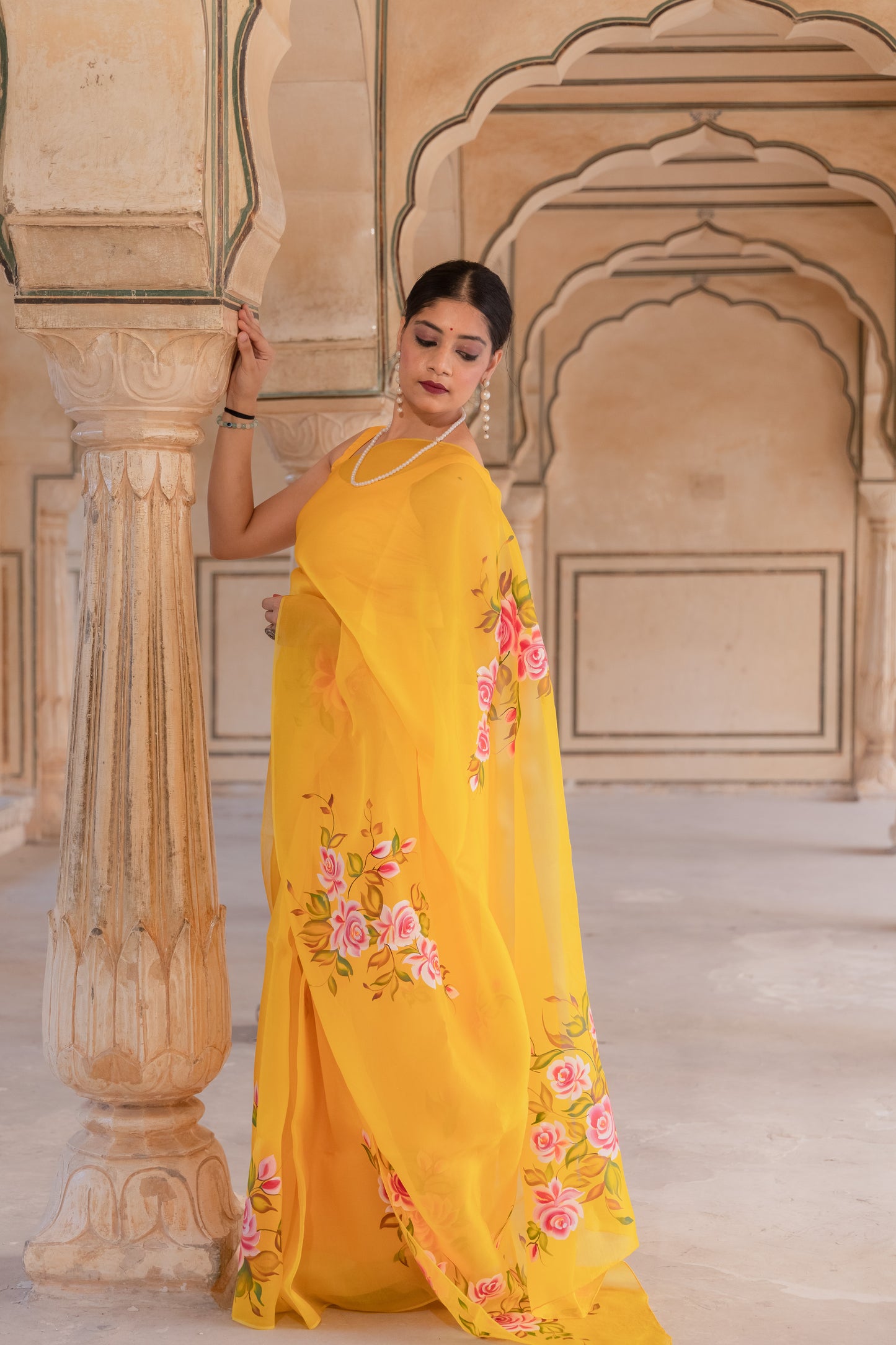 Radiating joy in yellow and roses - Pure Silk Organza Saree