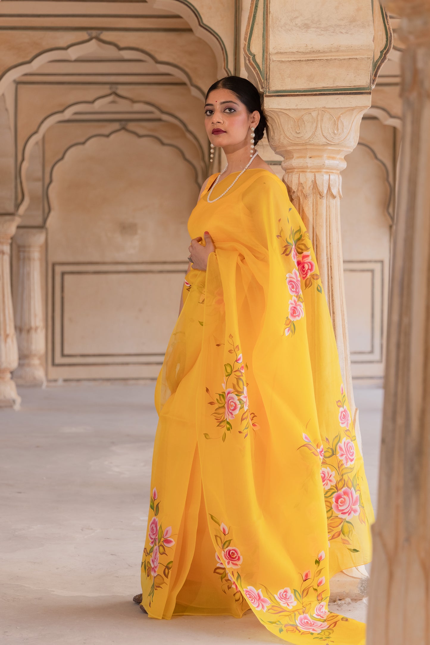 Radiating joy in yellow and roses - Pure Silk Organza Saree
