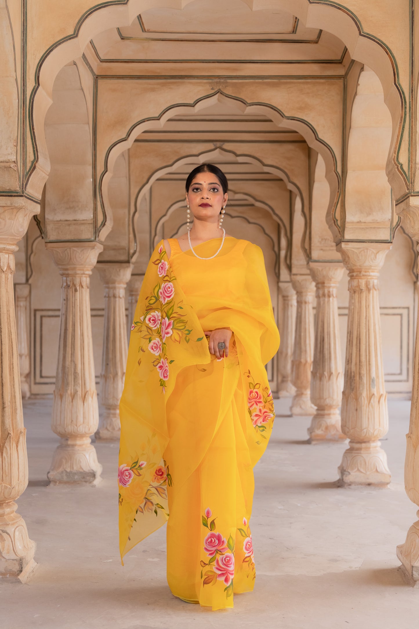 Radiating joy in yellow and roses - Pure Silk Organza Saree