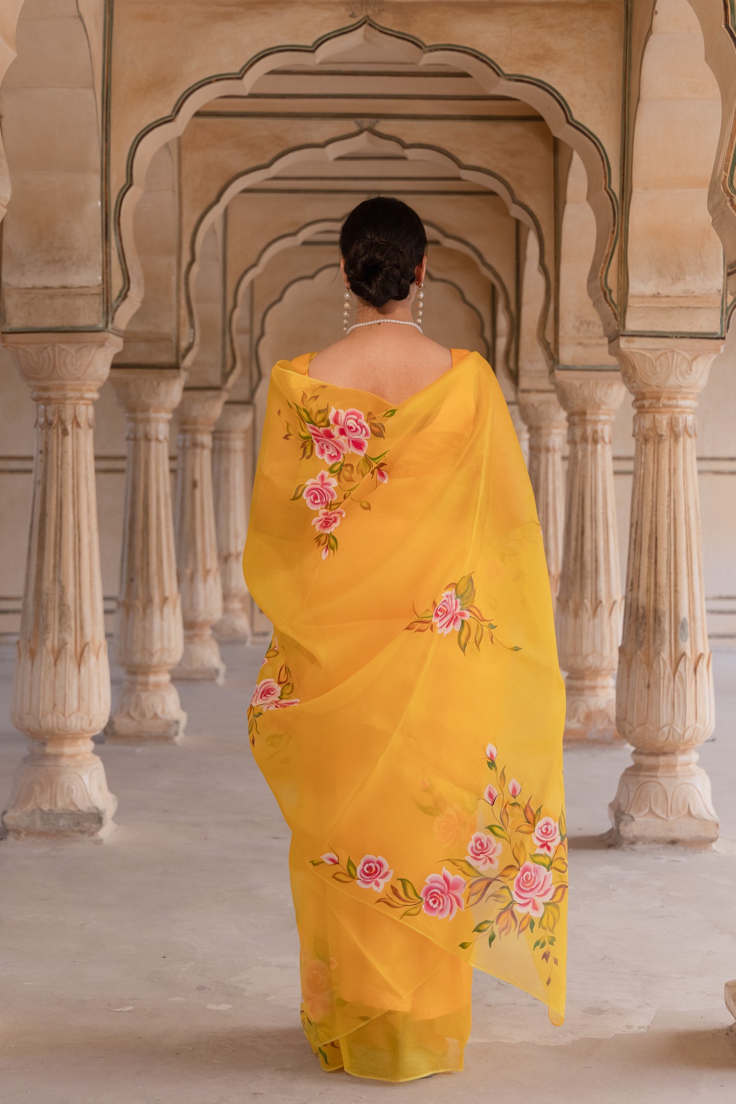 Radiating joy in yellow and roses - Pure Silk Organza Saree
