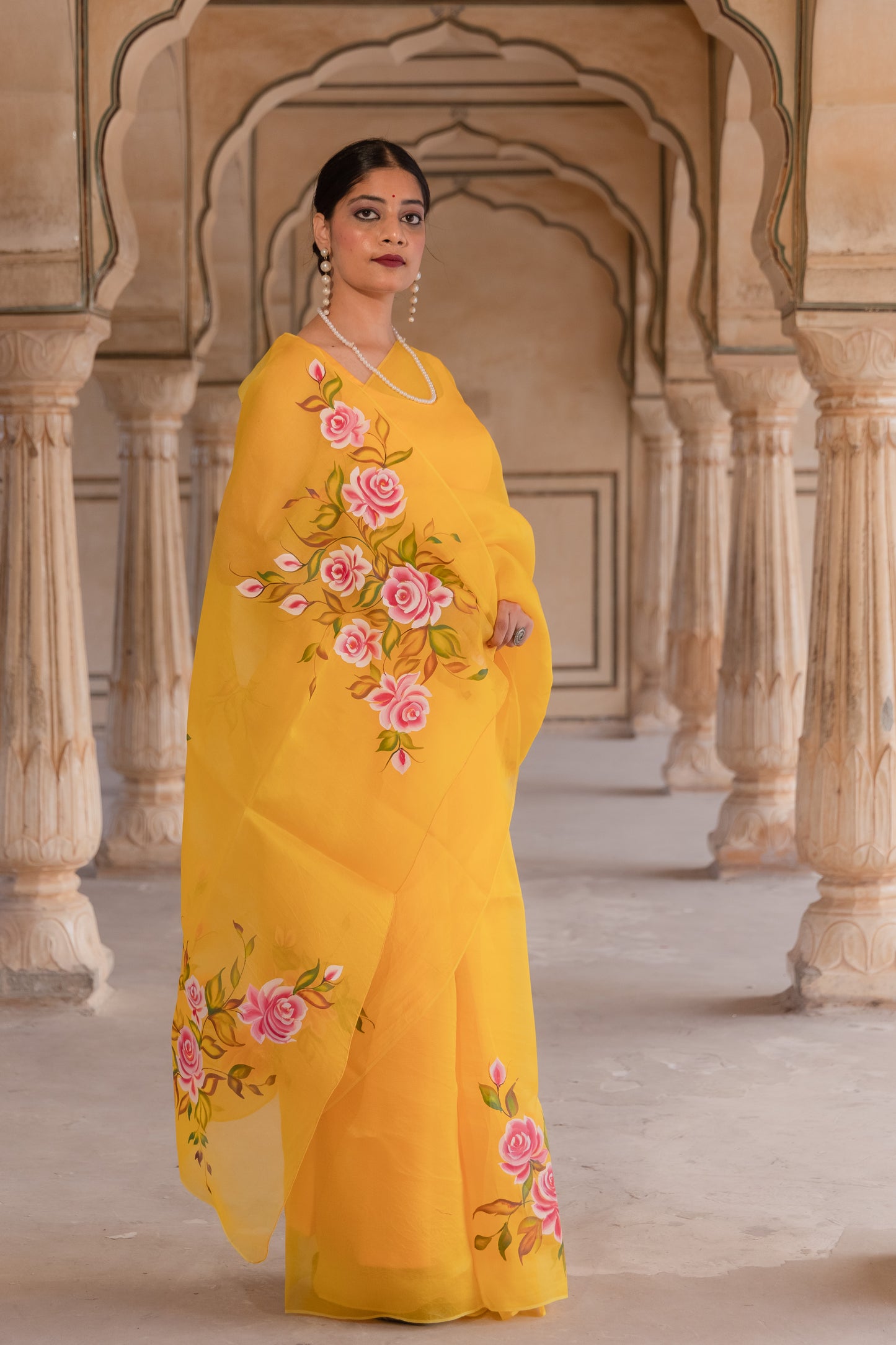Radiating joy in yellow and roses - Pure Silk Organza Saree