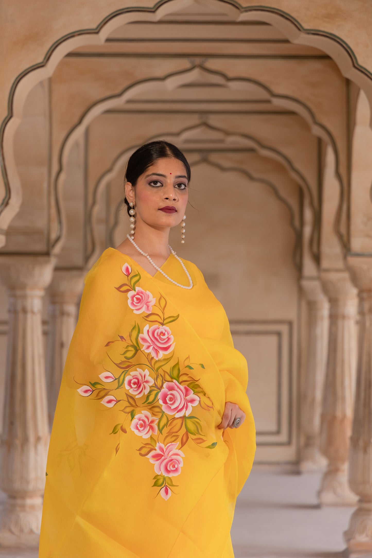 Radiating joy in yellow and roses - Pure Silk Organza Saree