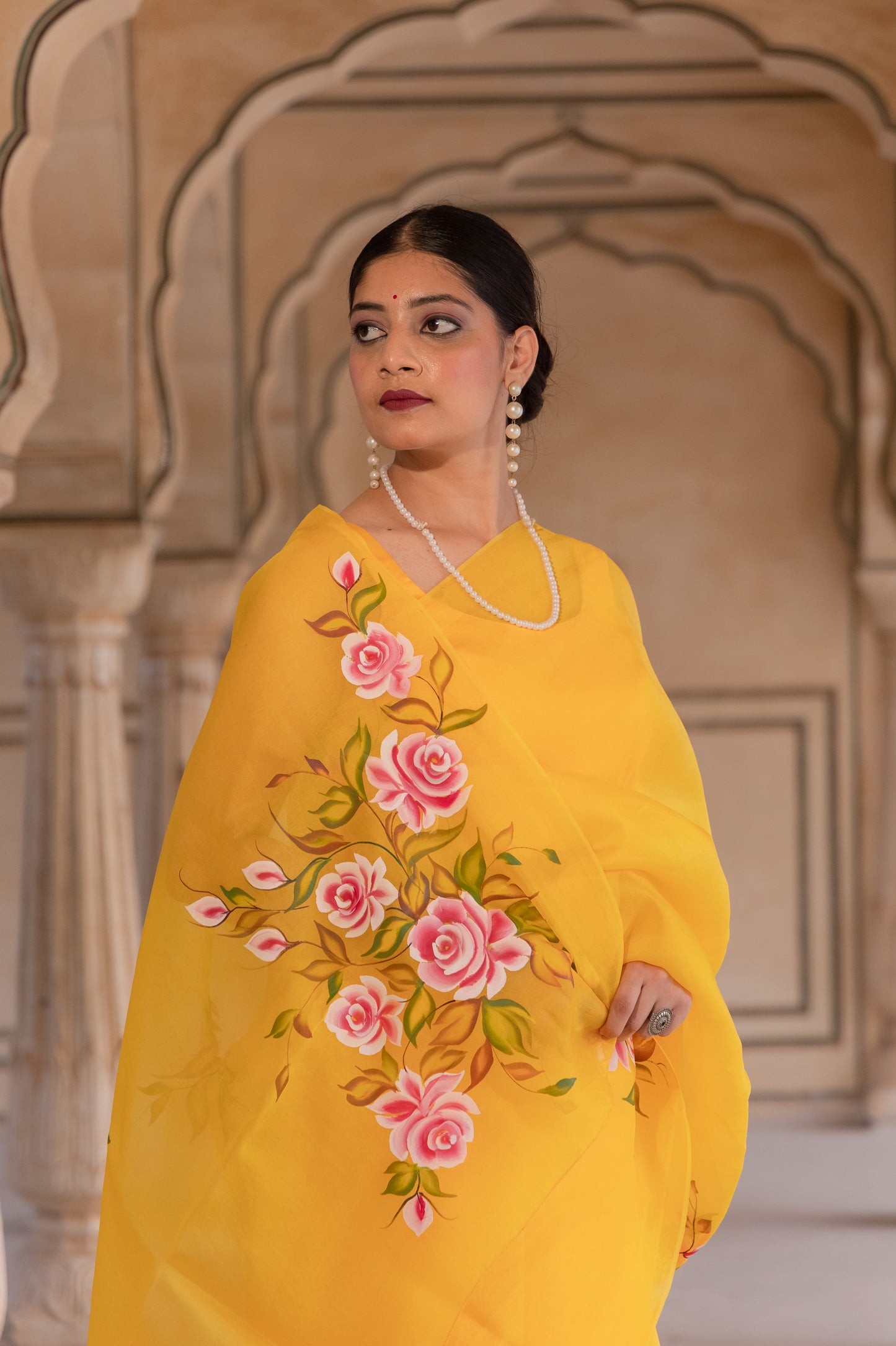 Radiating joy in yellow and roses - Pure Silk Organza Saree