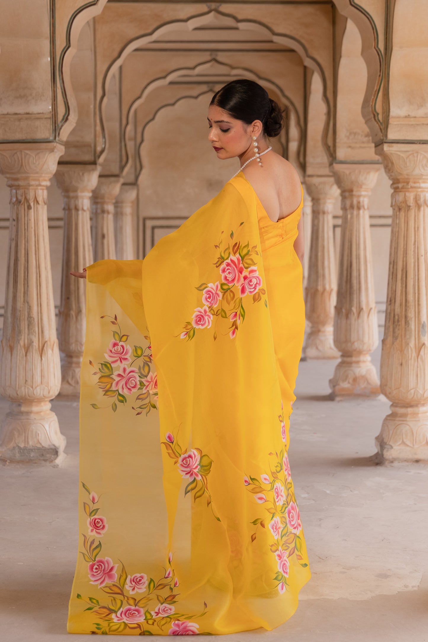 Radiating joy in yellow and roses - Pure Silk Organza Saree