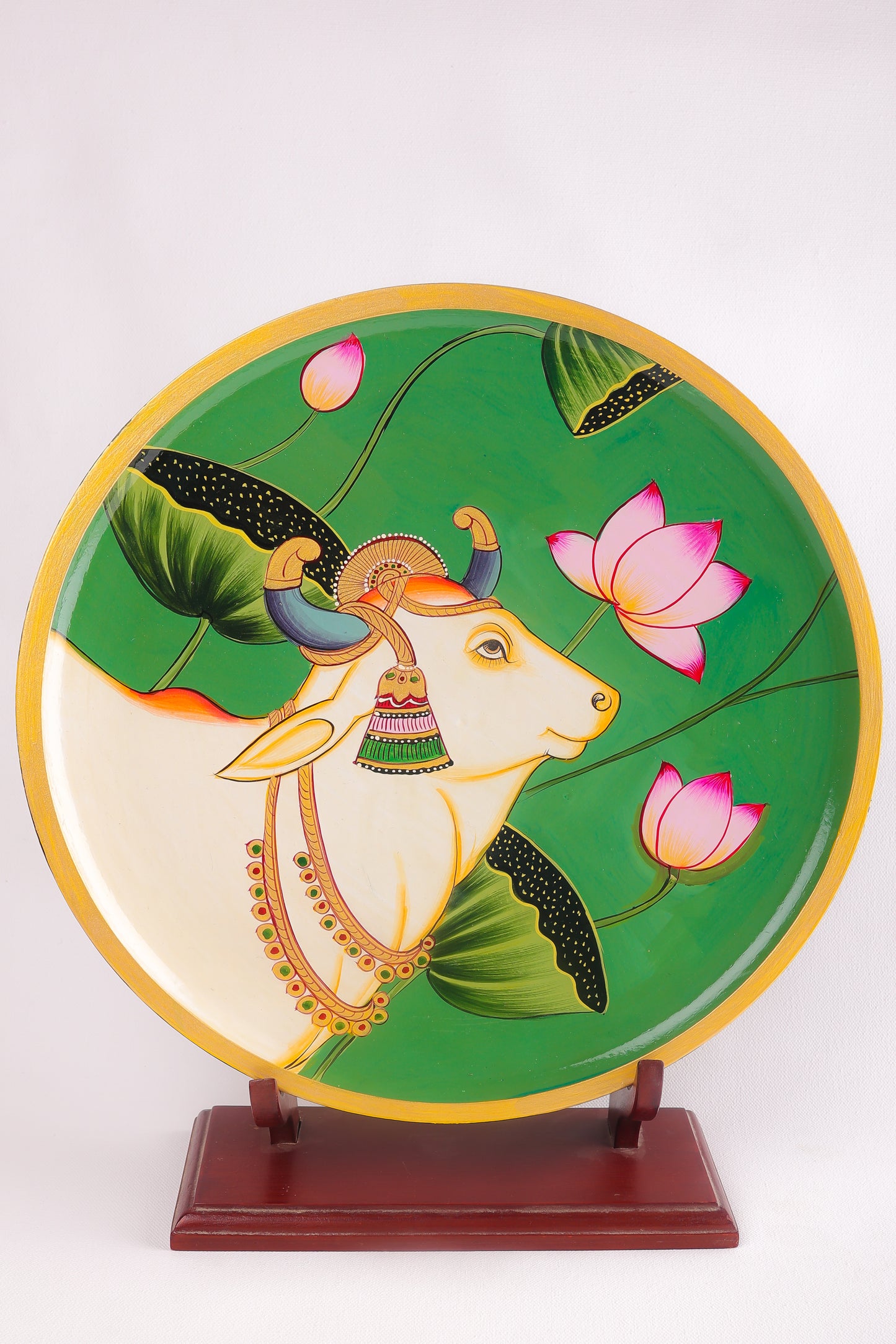 Kamdhenu Cow Handpainted Wall Plate - 12"