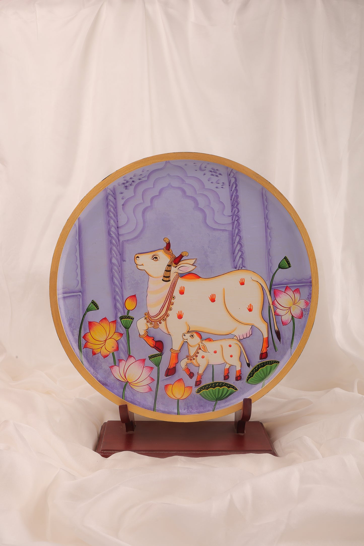Kamdhenu cow With calf Handpainted Wall Plate - 12"