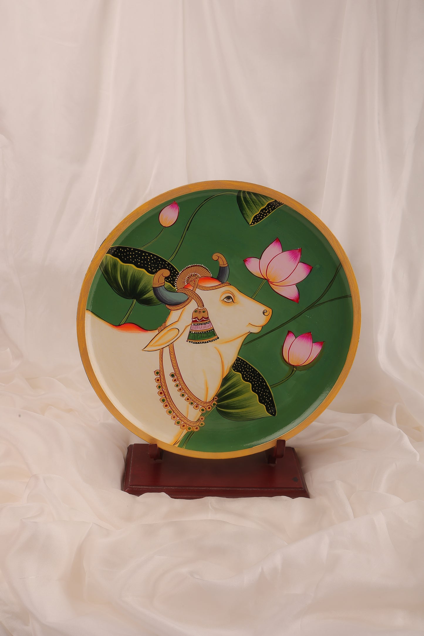 Kamdhenu Cow Handpainted Wall Plate - 12"